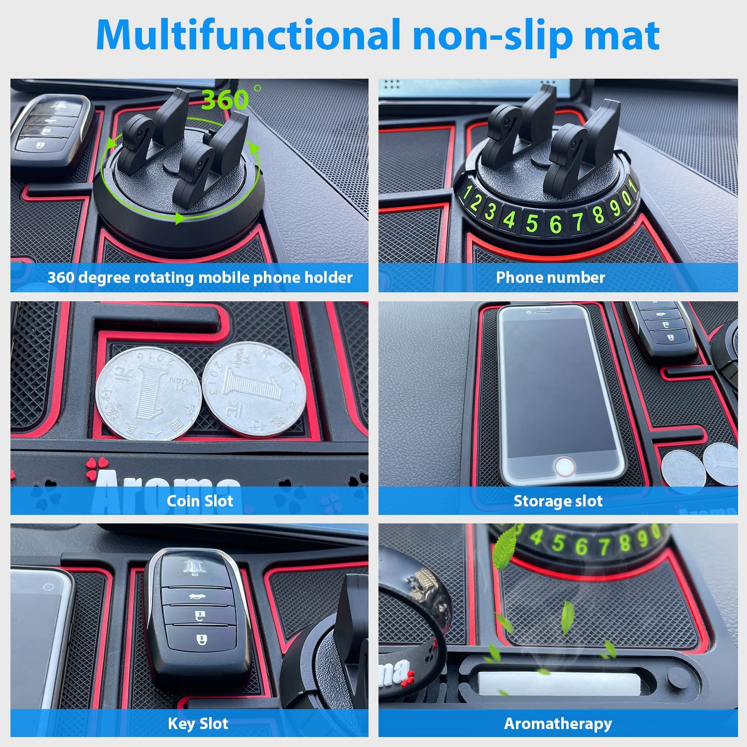 SkyShopy Car Non Slip Dashboard Mat 4-in-1 Multifunctional 360°Rotating Phone Holder Phone Pad with Temporary Car Parking Number & 2 Perfume Aromatherapy Anti-Shake Pad Universal Phone Holder (Red) SkyShopy Car Non Slip Dashboard Mat 4-in-1 Multifunctional 360°Rotating Phone Holder Phone Pad with Temporary Car Parking Number & 2 Perfume Aromatherapy Anti-Shake Pad Universal Phone Holder (Red)